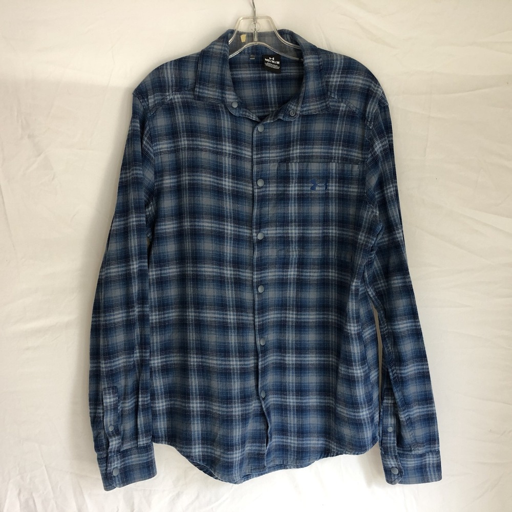 Under Armour Shirt Mens Medium Blue Plaid Flannel Long Sleeve Snap Front Casual